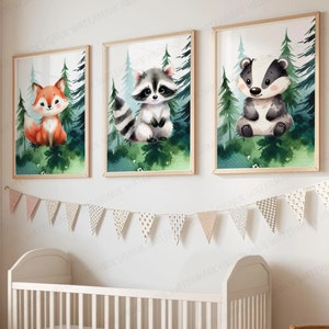Woodland Nursery Prints - Set of 3 Animal Posters | Fox, Badger, Racoon | Green Forest Bedroom Decor | Outdoor Playroom Wall Art | Boy Girl