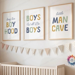 Boy Nursery Wall Art - Set of 3 Posters | Little Man Cave Room Decor | Boys Bedroom Prints | Playroom Poster Gift | Long Live Boyhood