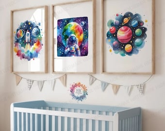 Colourful Nursery Space Decor - Set of 3 Watercolour Prints | Boys Bedroom Artwork | Girls Wall Art Decor | Baby Astronaut Kid Room Posters