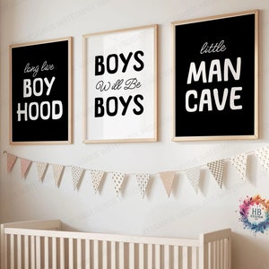 Boy Nursery Prints - Set of 3 Posters | Little Man Cave Room Decor | Boys Bedroom Wall Art | Playroom Poster Gift | Long Live Boyhood