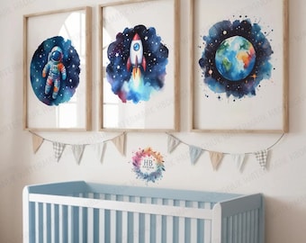 Kids Nursery Space Decor - Set of 3 Watercolour Prints | Boys Bedroom Artwork | Girls Wall Art Decor | Baby Astronaut Kid Room Posters