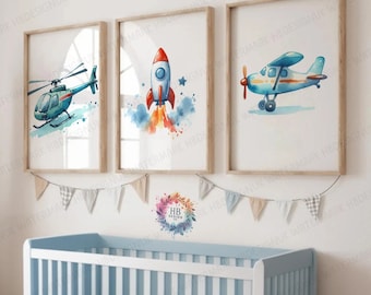 Láminas de avión para habitación infantil - Juego de 3 pósteres de acuarela / Decoración para dormitorio infantil / Láminas para niña / Arte mural de avión náutico / Helicóptero