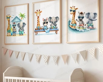 Surfing Animal Prints - Set of 3 Posters | Children Surf Wall Art | Kids Surfing Nursery Decor | Ocean Artwork Illustration | Surfboard