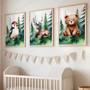 Woodland Nursery Prints - Set of 3 Animal Posters | Deer, Bear, Woodpecker | Green Forest Bedroom Decor | Outdoor Playroom Wall Art