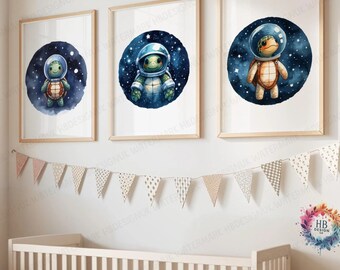 Space Nursery Decor - Set of 3 Watercolour Posters | Boys Bedroom Artwork | Kids Wall Art Decor | Baby Animal Astronaut Room Collection