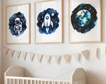 Nursery Space Prints - Set of 3 Watercolour Posters | Boys Bedroom Artwork | Girls Wall Art Decor | Baby Astronaut Kid Room Poster