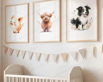 Farm Animal Nursery Posters - Set of 3 Prints | Kids Bedroom Poster | Watercolour Animals | Childrens Gifts | Boys Girls Playroom Artwork