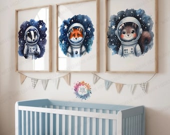 Space Nursery Prints - Set of 3 Watercolour Posters | Boys Bedroom Artwork | Kids Wall Art Decor | Baby Animal Astronaut Poster | Room Gifts