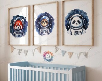 Space Nursery Art - Set of 3 Watercolour Posters | Boys Bedroom Artwork | Kids Wall Art Decor | Baby Animal Astronaut Room Collection | Gift