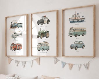 Transport Vehicle Prints - Set of 3 Nursery Car Wall Art, Kids Bedroom Posters