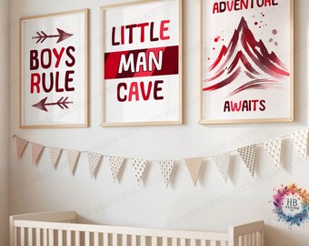 Print met regels voor jongens: set van 3 posters | Little Man-grotkamerdecoratie | Slaapkamerafdrukken jongens | Cadeau poster speelkamer | Rode muurkunst jongens