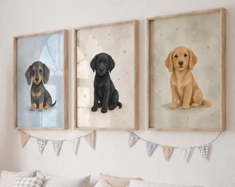 Dogs Nursery Print Set of 3 - Kids Puppy Wall Art, Neutral Playroom Decor