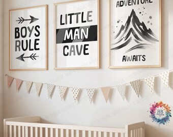 Little Man Cave-printset - 3 posters | Cadeau kraamcadeau | Kinderkamerdecoratie | Jongensslaapkamerprint | Cadeau poster speelkamer | Jongensposters