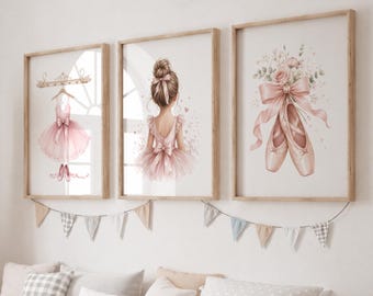 Juego de 3 láminas de ballet para niñas - Decoración rosa para dormitorio infantil, pósteres de bailarina para guardería y sala de juegos.
