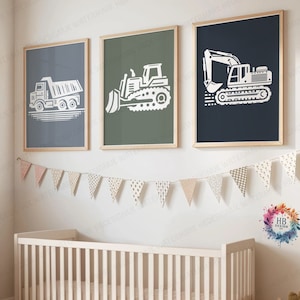 Kids Bedroom Wall Art - Set of 3 Construction Decor | Digger Wall Art | Truck Poster | Bedroom Vehicle Prints | Transportation Design