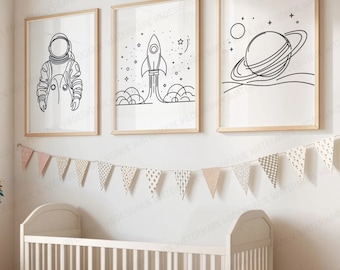 Nursery Space Wall Art - Set of 3 Line Drawing Posters | Boys Bedroom Artwork | Girls Prints Decor | Baby Astronaut Kids Room Poster