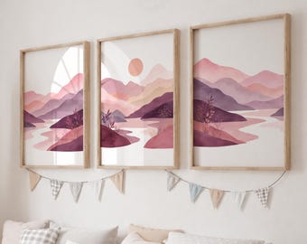 Sunset Nursery Print Set of 3 - Pink Girls Playroom Decor, Sunshine Mountain Wall Art