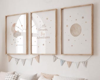 Neutral Moon Nursery Print Set of 3 - Boho Kids Bedroom Wall Art, Quote Decor