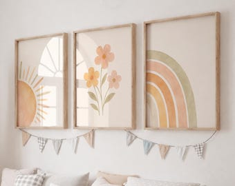 Neutral Nursery Prints - Rainbow Girls Boho Decor, Toddler Playroom Wall Art