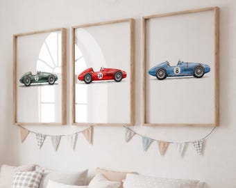 Vintage Car Nursery Prints - Kids Playroom Set of 3, Children's Race Transport Bedroom Decor