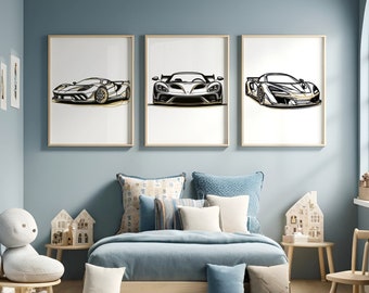 Boys Bedroom Supercar Prints - Set of 3 Posters | Line Drawing Design | Boys Room | Kids Car Poster Gifts | Sports Car Print | Gold Artwork