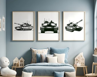 May include: Three black and white illustrations of tanks on a blue wall above a blue sofa with cushions and a wooden stool.