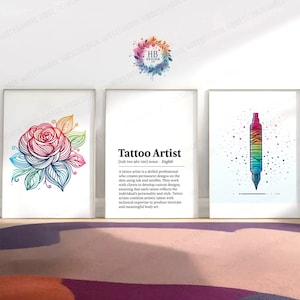 Tattoo Artist Print-Set - 3 Tattoo Shop Poster | Bunte Wandkunst | Tätowierer Definition Zitat | Minimal Tattoo Kunstwerk Geschenke