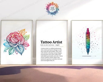 Tattoo Artist Print Set - 3 Tattoo Shop Posters | Colourful Wall Art | Tattoo Artist Definition Quote | Minimal Tattoo Artwork Gifts