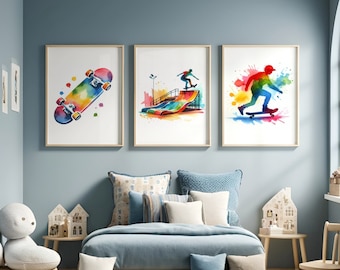 Stampe colorate di skateboard - Set di 3 poster / Arte murale di skateboard / Regalo di arredamento per la cameretta dei bambini / Opere d'arte sullo skateboard / Regali per la camera dei ragazzi