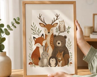 Woodland Animals Print - Nursery Wall Art, Kids Forest Themed Poster, Neutral Playroom Decor