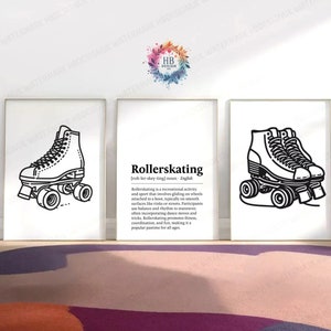 Stampe con definizione di pattinaggio a rotelle - 3 poster / Poster per la camera da letto delle ragazze / Disegno a tratteggio / Stampa di pattini a rotelle / Decorazione di pattini per ragazze adolescenti