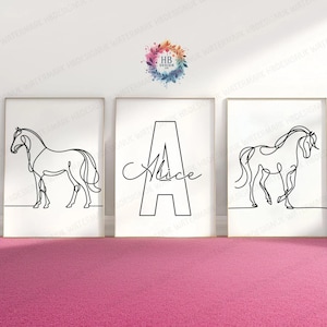 Estampas minimalistas de cavalos para meninas - Conjunto de 3 pôsteres | Estampa de pônei com desenho de linha | Pôster para quarto | Arte para berçário infantil | Presente personalizado de cavalo