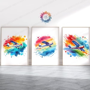 Colourful Plane Print Set - 3 Posters | Airplane Wall Art | Boys Girls Bedroom Artwork | Playroom Watercolour Art | Kids Nursery Gift Decor