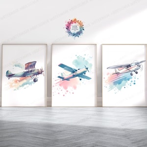 Pastel Airplane Print Set - 3 Posters | Plane Wall Art | Boys Girls Bedroom Artwork | Playroom Watercolour Art | Kids Nursery Decor Gifts