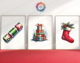 Conjunto de impresiones de decoración navideña: 3 carteles, medias, galletas y regalos, arte mural navideño, ilustraciones de invierno, impresiones en acuarela A4 y A3