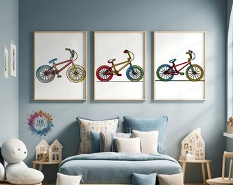 Colorful BMX Prints - Set of 3 Posters | Biking Wall Art Decor | Line Drawing Bike Artwork | Gold Boys Bedroom Print | BMX Poster Gifts
