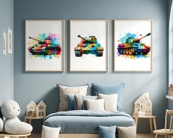 Colourful Tank Poster Set - 3 Tanks Prints | Watercolour Design | Boys Room | Bedroom Decor Gifts | Army Wall Art | Artwork Wall Hanging