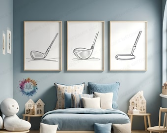 Minimalist Golf Prints - Set of 3 Golfing Posters | Gift for Golf Lover | Golfer Wall Art Decor | Golf Club Line Drawing | Golf Artwork