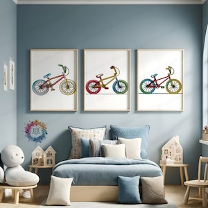 Colorful BMX Prints - Set of 3 Posters | Biking Wall Art Decor | Line Drawing Bike Artwork | Gold Boys Bedroom Print | BMX Poster Gifts