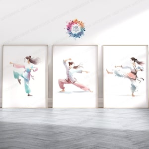 Girls Kung Fu Poster Set - 3 Prints | Pastel Wall Art | Boxing Gift | Definition Gifts | Martial Arts Poster Decor | Watercolour Artwork