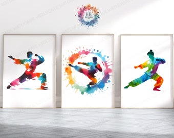 Vibrant Kung Fu Print Set - 3 Prints | Wall Art Gifts | Boxing Gift | Definition Gifts | Martial Arts Poster Decor | Watercolour Artwork