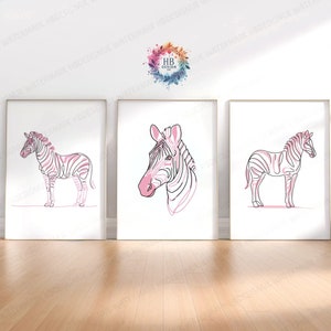 Minimal Zebra Prints - Set of 3 Posters | Line Drawing Decor Print | Animal Wall Art | Wildlife Gift | Pictures of Zebras | Pink Black White