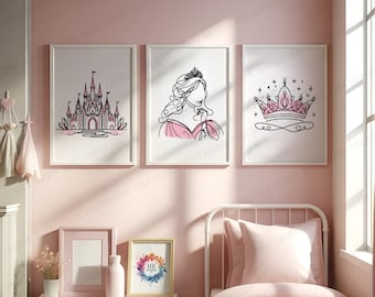 Prinsessaposters för flickor - Set med 3 tryck | Prinsessatryck för barn | Väggkonst för flickrum | Barnrumsinredning | Linjeteckningar för presenter