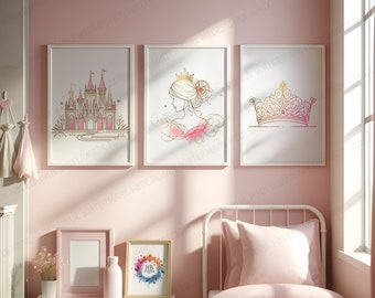 Prinsesstryck till flickor i sovrummet - Set med 3 posters | Prinsesstryck för barn | Väggkonst till flickrum | Barnrumsinredning | Akvarellkonst | Gåvor