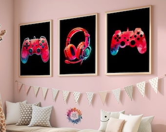Impresión de póster de juegos de neón rojo - Conjunto de 3 impresiones de jugadores / Decoración del dormitorio de juegos / Regalo para jugadores / Sala de juegos / Impresión de arte de pared de videojuegos