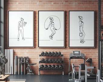Gym Artwork Set - 3 Home Gym Prints | Line Drawing Design | Fitness Girl Poster | Women Athlete | Gymnasium Artwork | Weightlifting Gift
