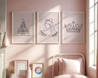 Stampe minimaliste da principessa rosa - Set di 3 poster / Stampe da principessa per bambini / Decorazioni murali per la cameretta delle bambine / Arredamento per la cameretta / Illustrazioni a tratto / Regalo per bambine