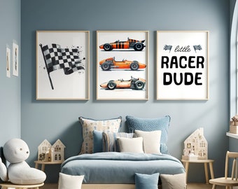 Racing Car Nursery Prints - Set of 3 Posters | Little Racer Dude Nursery | Race Playroom Wall Art | Boys Bedroom Decor | Kids Cars Gifts