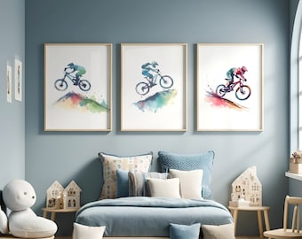 Mountain Biking Wall Art - Set of 3 Prints | Biker Posters | Watercolour Decor Gift | Cycling Artwork | Boys Cyclist Bedroom Gifts | Bike