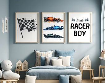 Racing Car Nursery Posters - Set of 3 Prints | Little Racer Dude Decor | Racing Playroom Wall Art | Boys Bedroom Prints | Kids Cars Gifts
